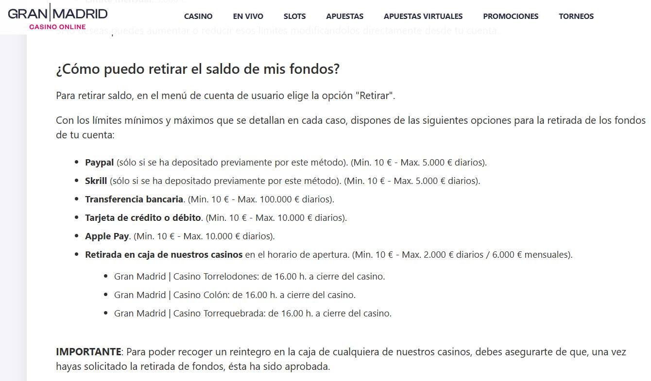 Gran Madrid Casino Online - métodos de pago disponibles