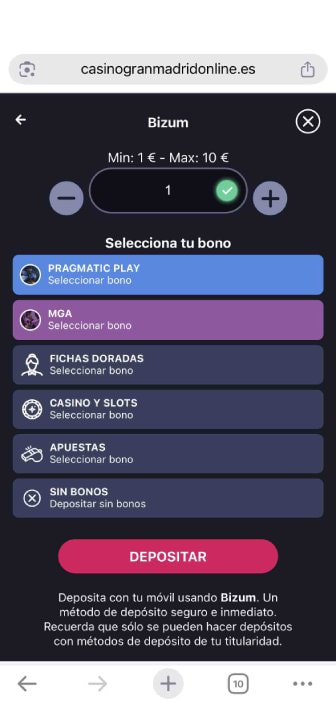 Depósito con Bizum en Gran Madrid Casino Online