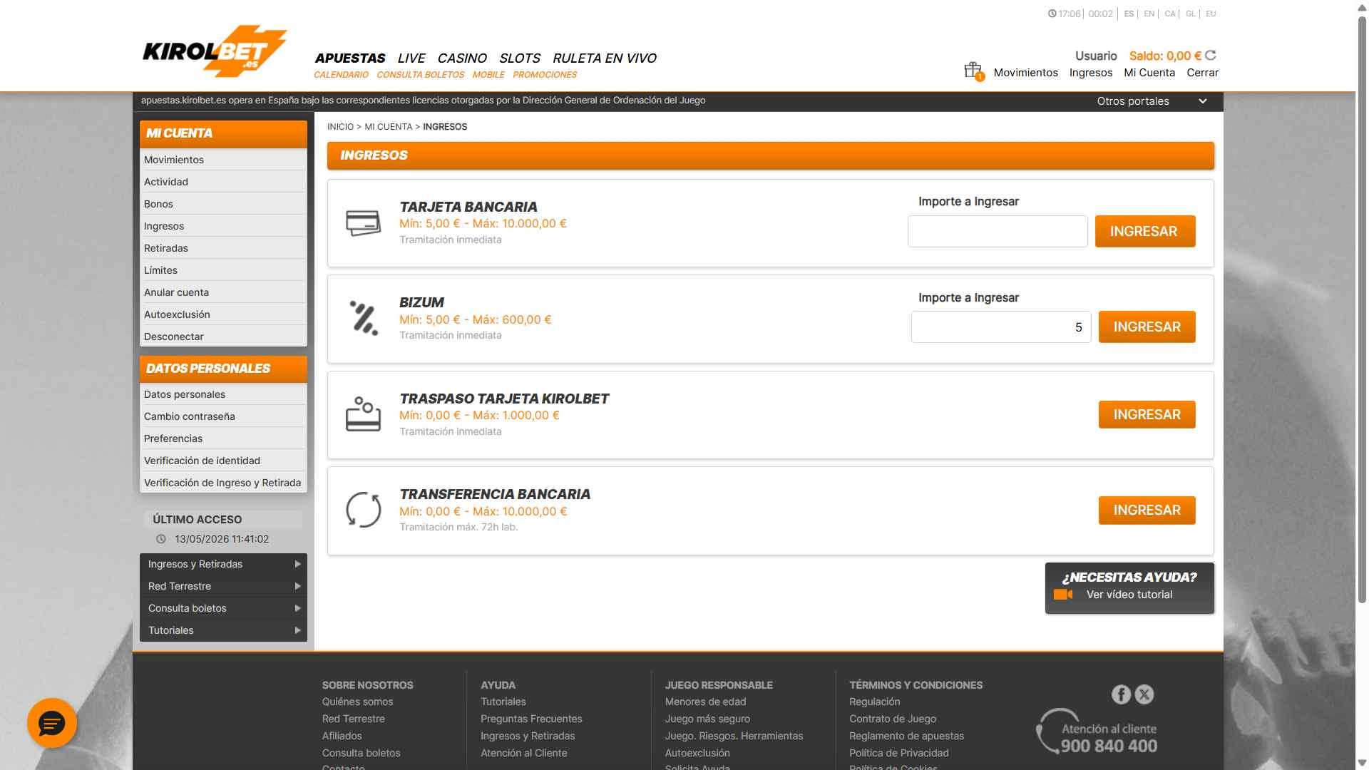 Kirolbet - depósito mínimo de 5€ con Bizum