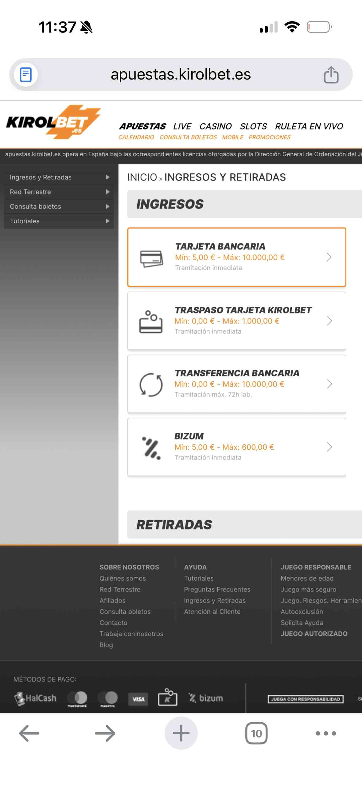 Kirolbet - métodos de pago disponibles
