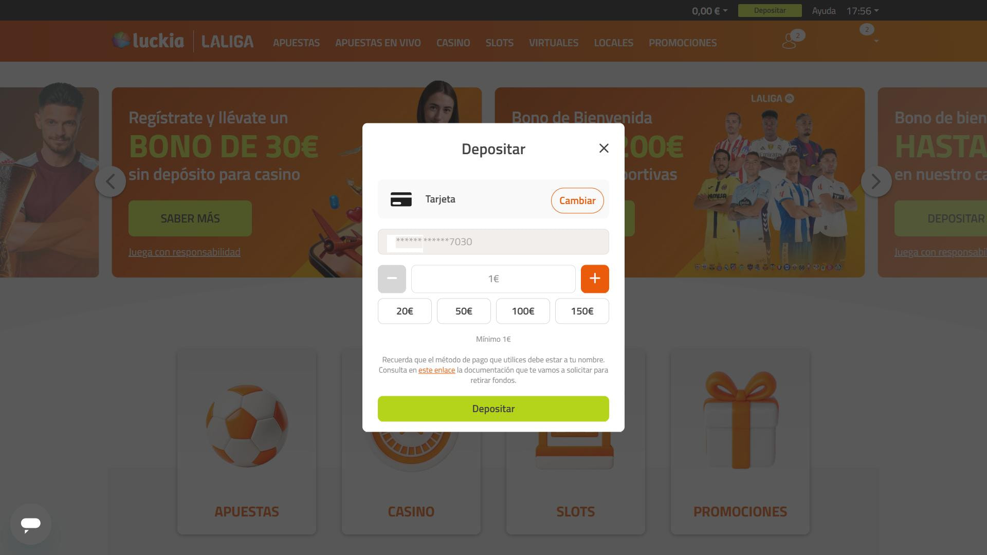 Luckia - depósito mínimo de 1€ con tarjeta