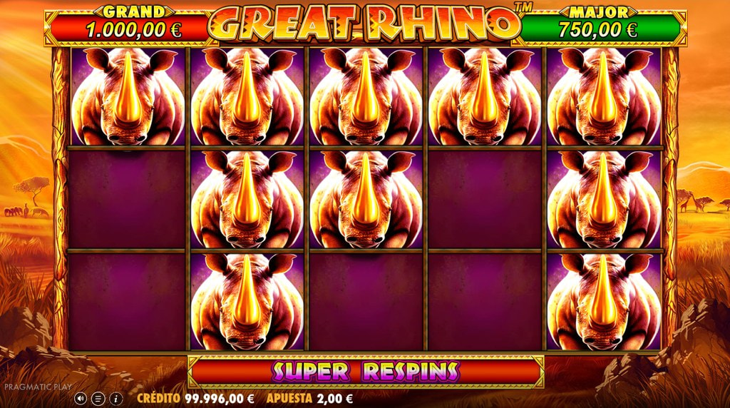 Función Super Respin con rinocerontes fijos de la slot Great Rhino