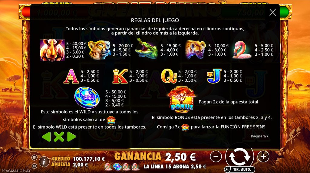 Tabla de pagos y símbolos de la slot Great Rhino