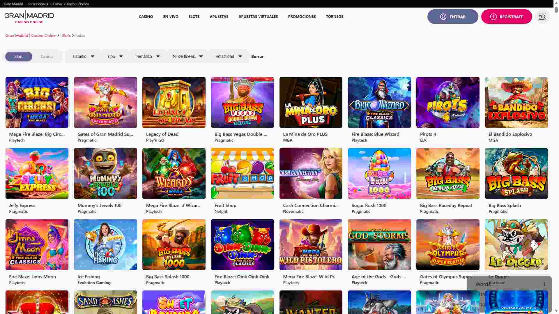 Sección de tragaperras en Gran Madrid Casino Online