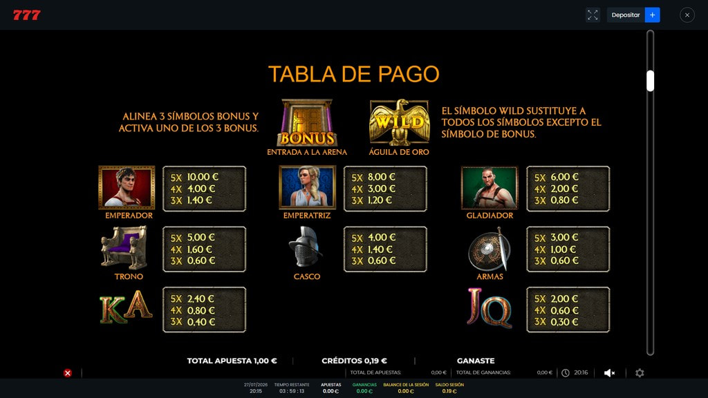 Tabla de pagos y símbolos de la slot Kassius