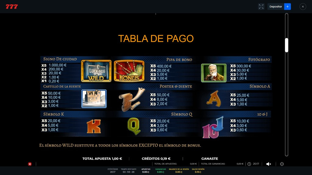 Tabla de pagos y símbolos de la slot Luck Ness