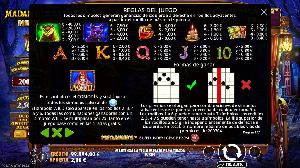 Tabla de pagos y símbolos de la slot Madame Destiny Megaways