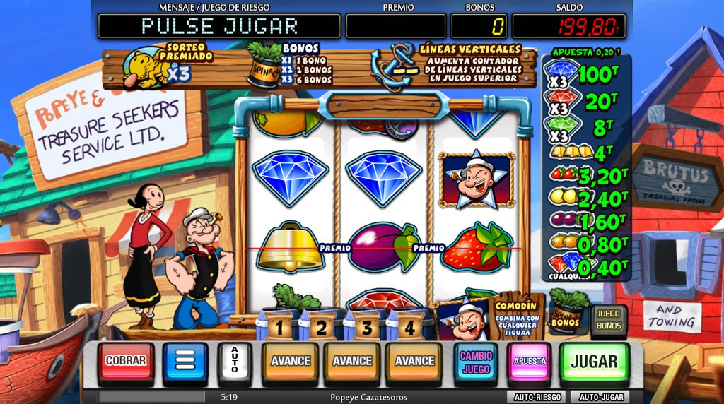 Tabla de pagos y símbolos de la slot Popeye Cazatesoros