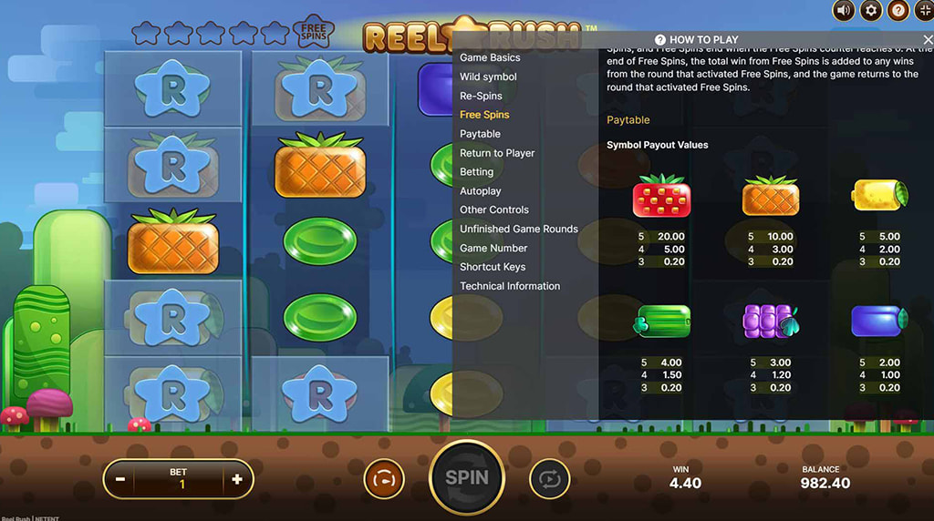 Tabla de pagos y símbolos de la slot Reel Rush