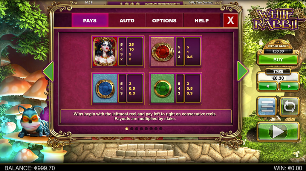 Tabla de pagos y símbolos de la slot White Rabbit