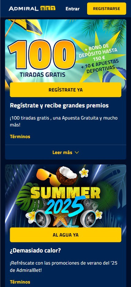 Página de la sección de bonos y promociones en AdmiralBet.