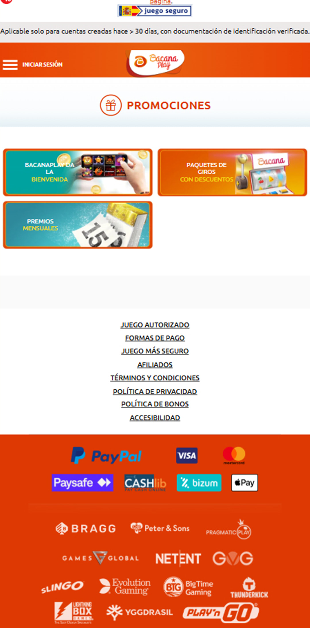 Sección de bonos en el casino BacanaPlay.