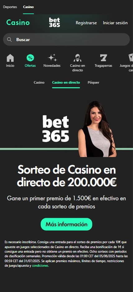 Página de la sección de bonos de bet365.