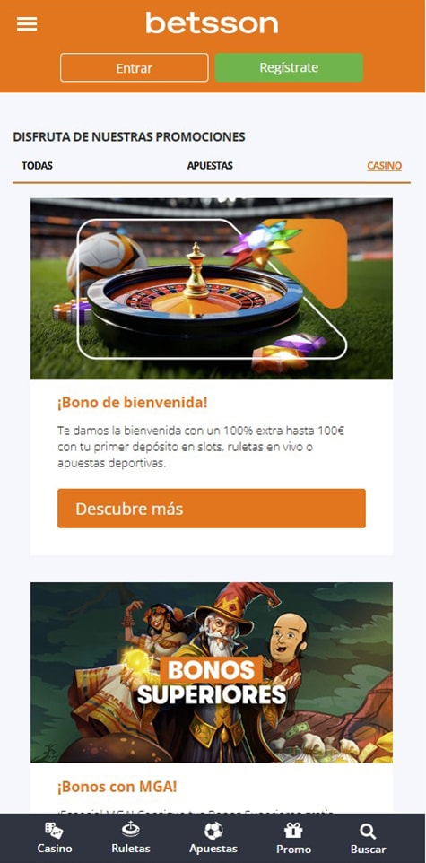 Sección de bonos en el casino Betsson.