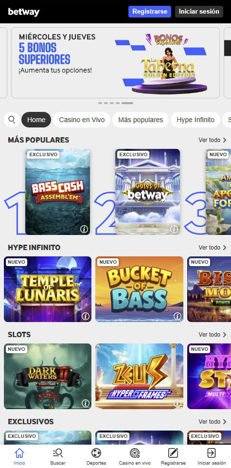 Sección de bonos en el casino Betway.