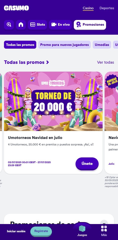 Sección de bonos en el casino Casumo.