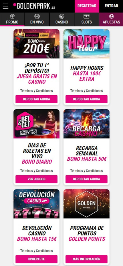 Sección de bonos en el casino GoldenPark.