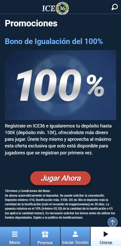 Sección de bonos en el casino ICE36.