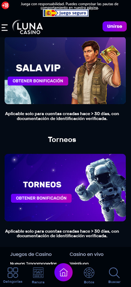 Sección de bonos en Luna Casino.