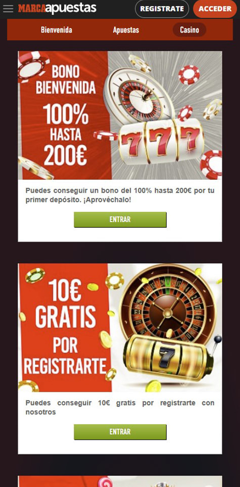 Sección de bonos en el casino MARCA.