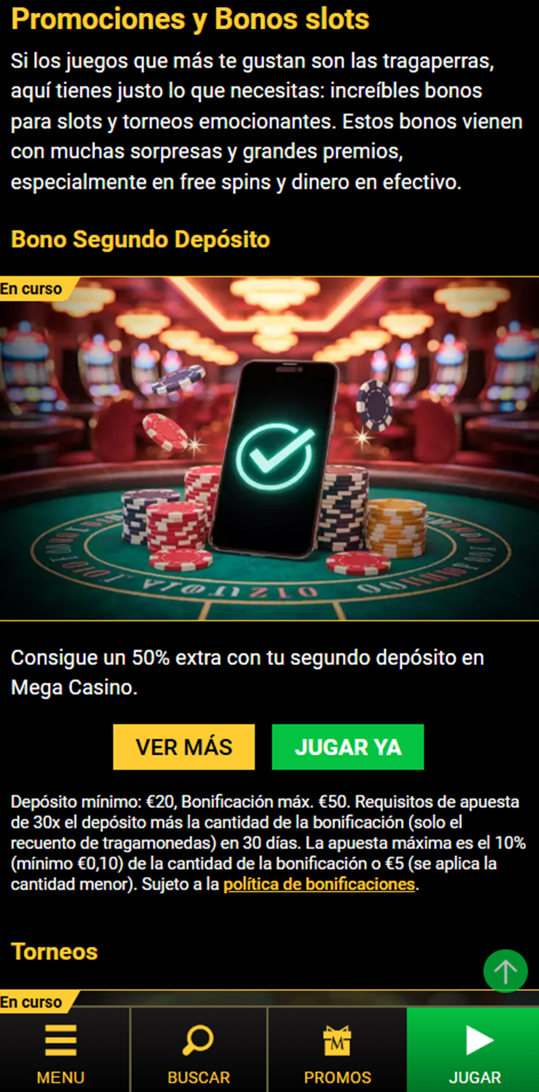 Sección de bonos en el casino Mega Casino.