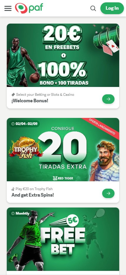 Sección de bonos en el casino Paf.