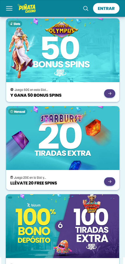 Sección de bonos en el casino Piñata Casino.