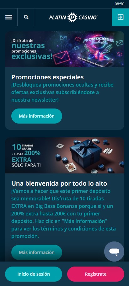 Sección de bonos en Platincasino.