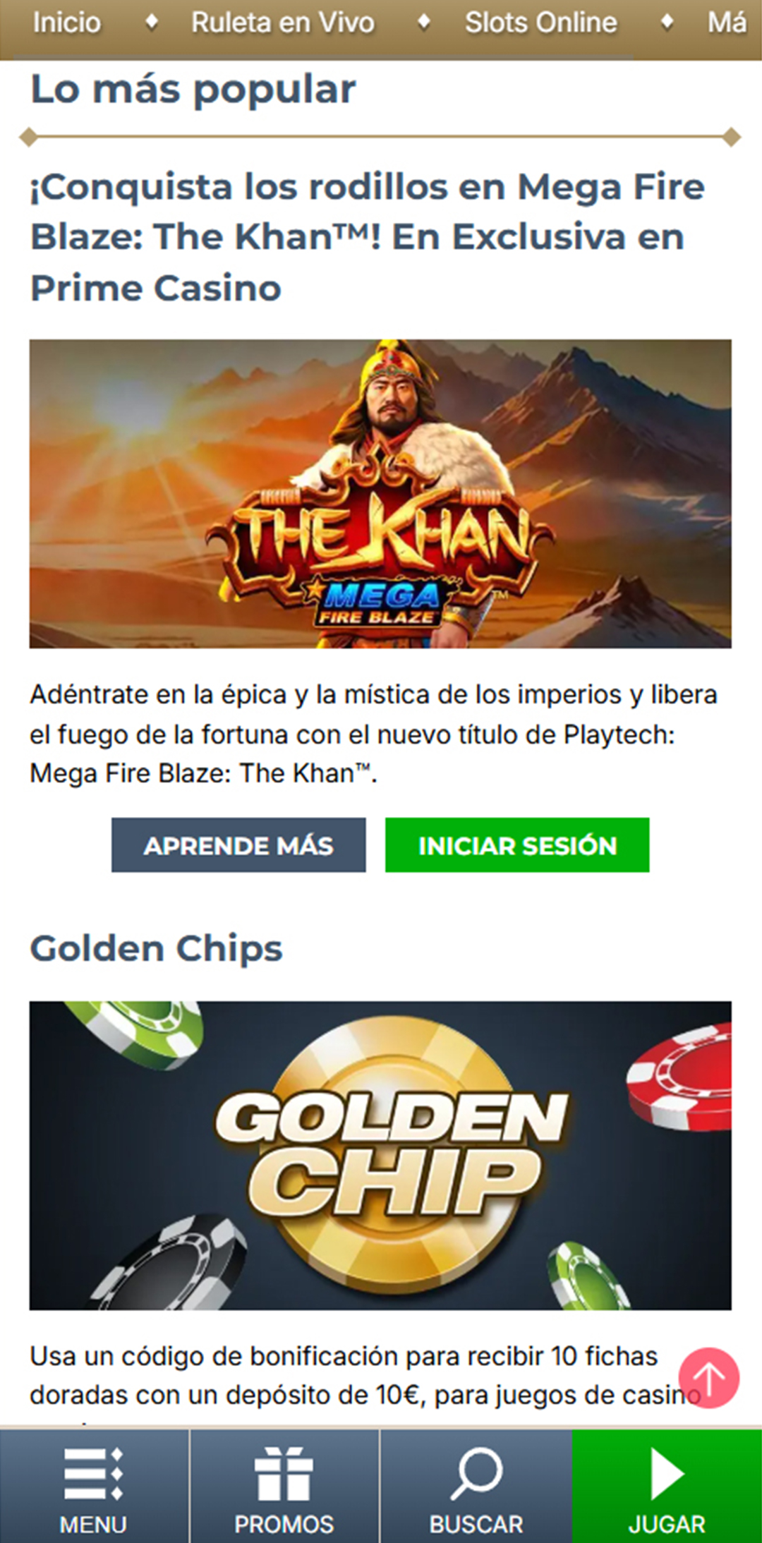 Sección de bonos en el casino Prime Casino.