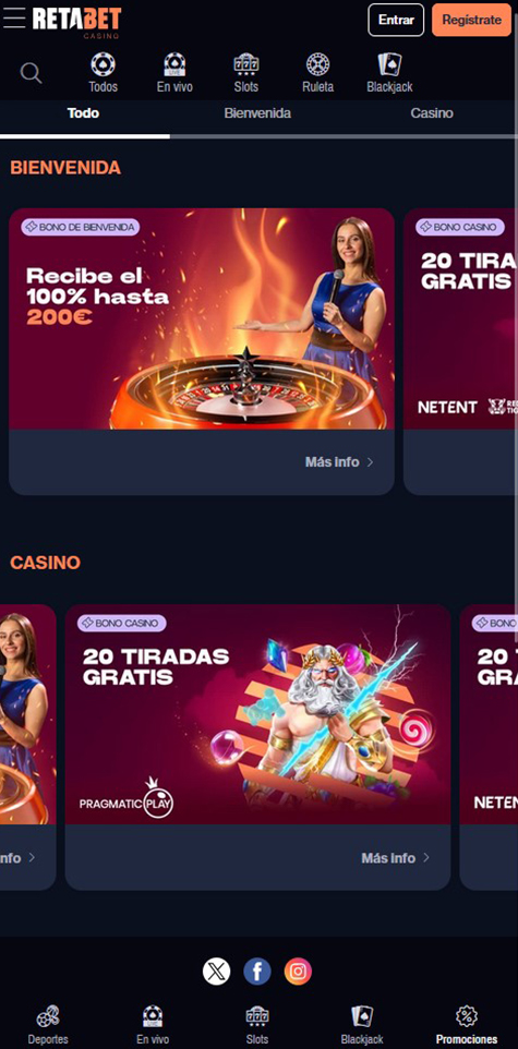 Sección de bonos en el casino Retabet.