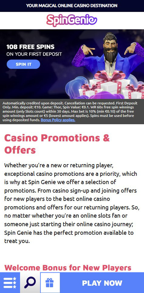 Sección de bonos en el casino Spin Genie.