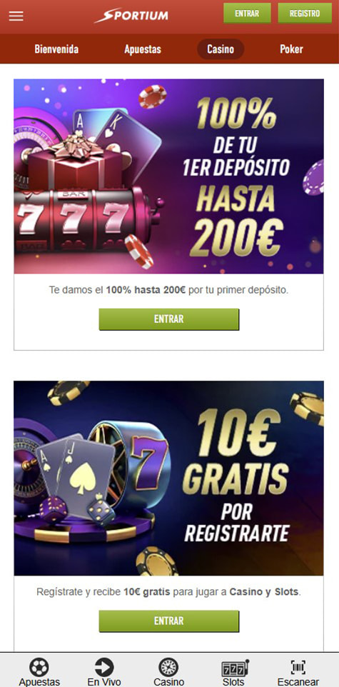 Sección de bonos en el casino Sportium.