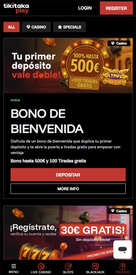 Sección de bonos en Tiki Taka Play.