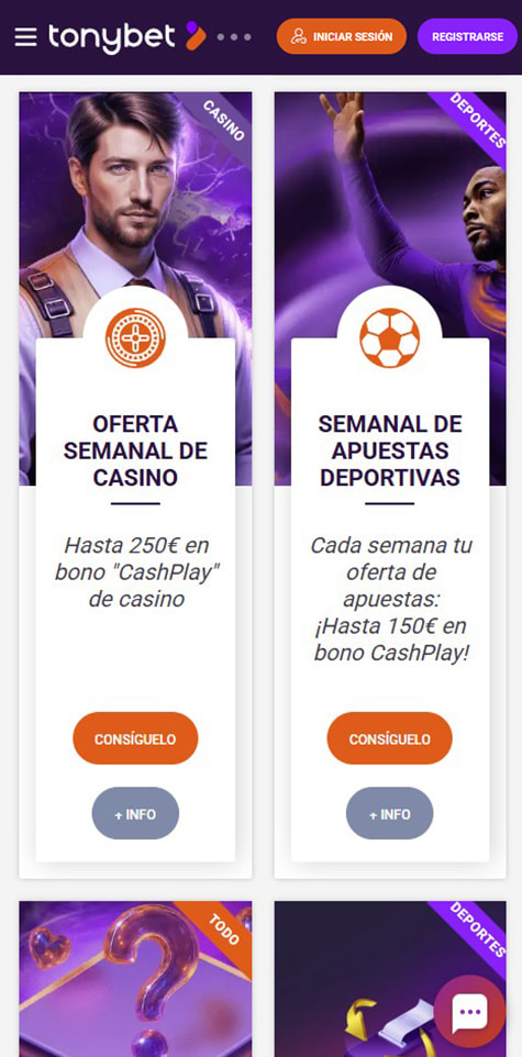 Sección de bonos en el casino TonyBet.