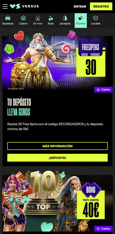 Sección de bonos en el casino VERSUS.