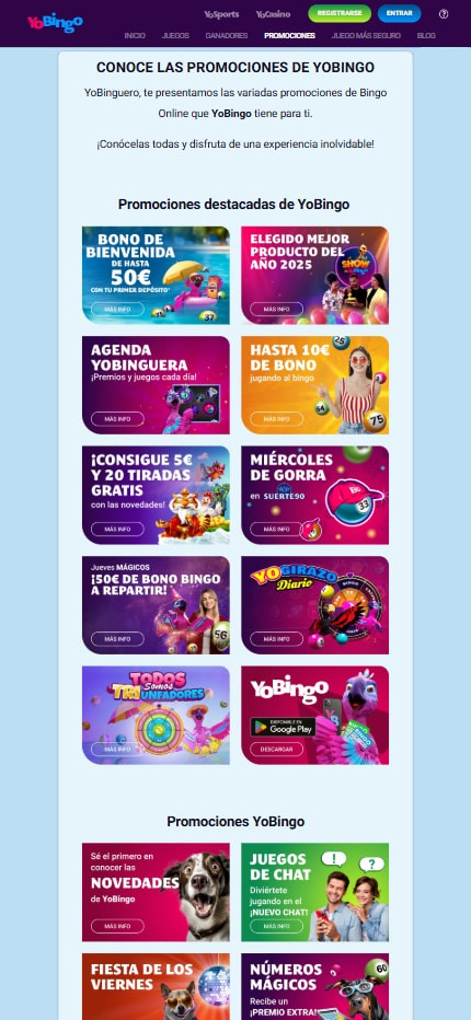 Sección de bonos en el casino YoBingo.
