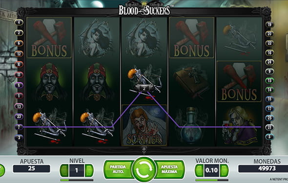 Partida de la slot Blood Suckers de NetEnt en un casino online. En los tambores aparece una combinación ganadora.