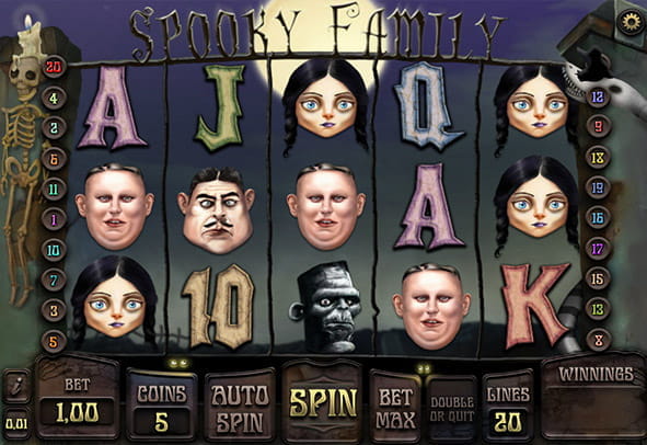 Pantalla de juego de la tragaperras Spooky Family de iSoftbet, en la que aparecen los principales símbolos de la familia que conforma la slot.