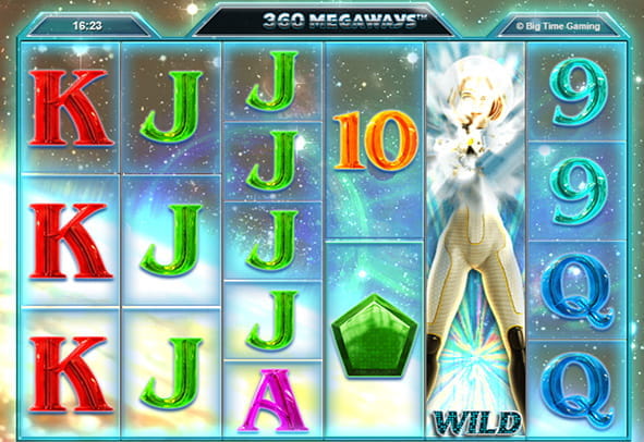 Imagen de una partida a la slot Star Quest del proveedor Big Time Gaming. Se trata de una máquina con 6 rodillos y múltiples combinaciones de filas con 177.649 líneas de premio.