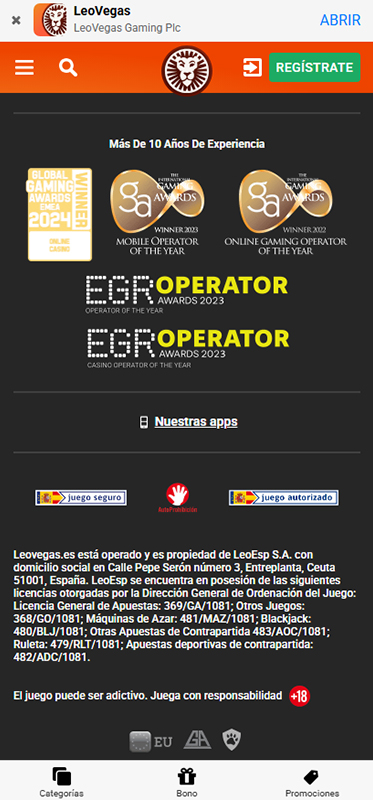 Información sobre la licencia en el pie de página del sitio web de LeoVegas