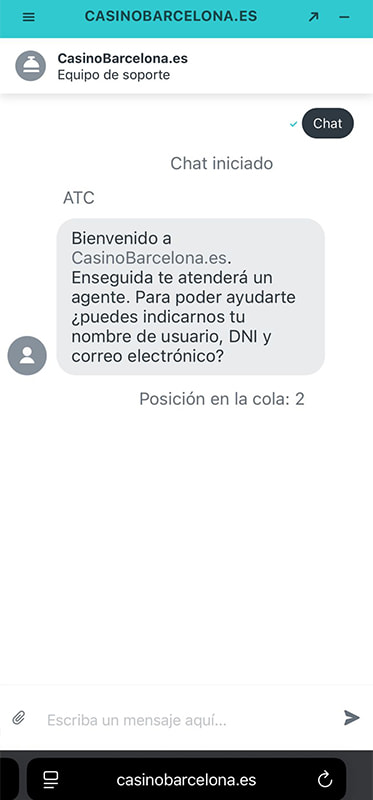Ventana del chat en vivo de un casino online para contactar con soporte.