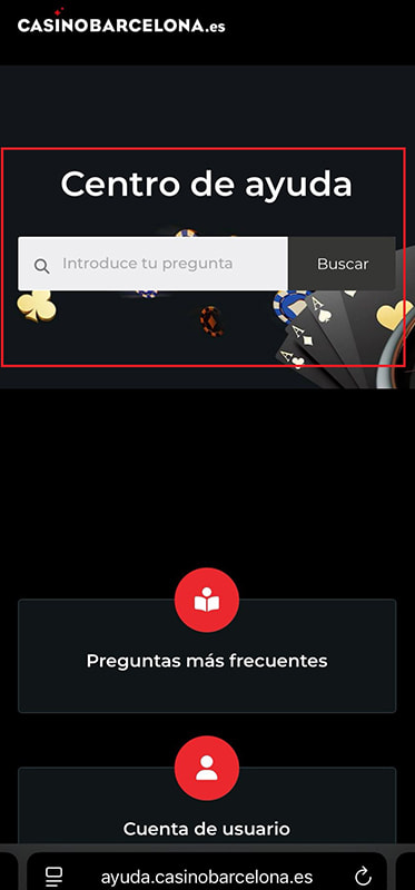 El centro de ayuda de un casino con su lista de preguntas frecuentes.