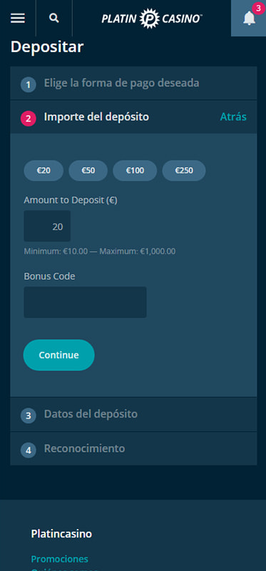 Introducir el importe del depósito en los casinos
