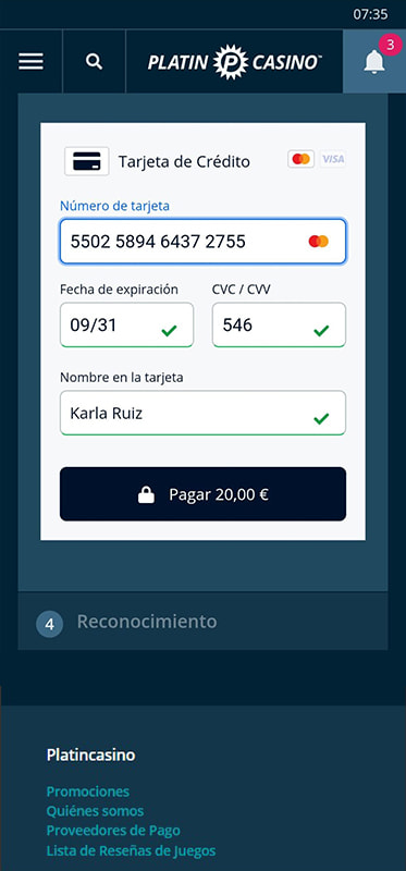 La solicitud de confirmación de depósito en el casino