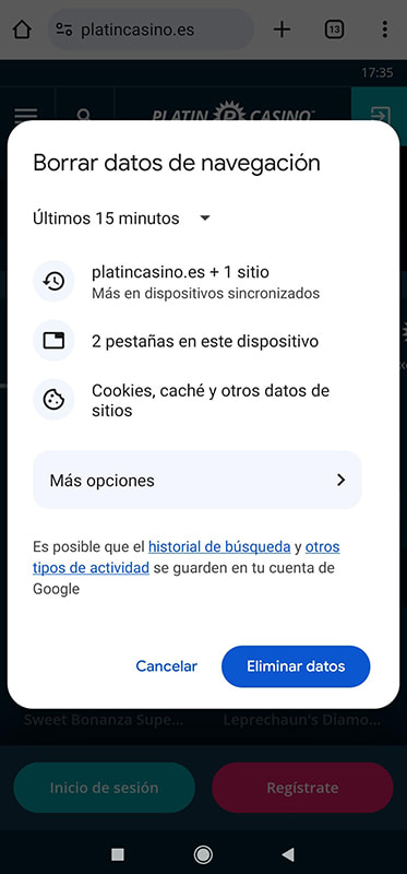 Pantalla para borrar caché y datos en navegador móvil Chrome.