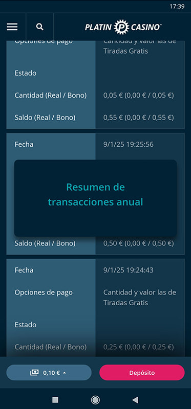 Resumen de transacciones y saldo en un casino online.