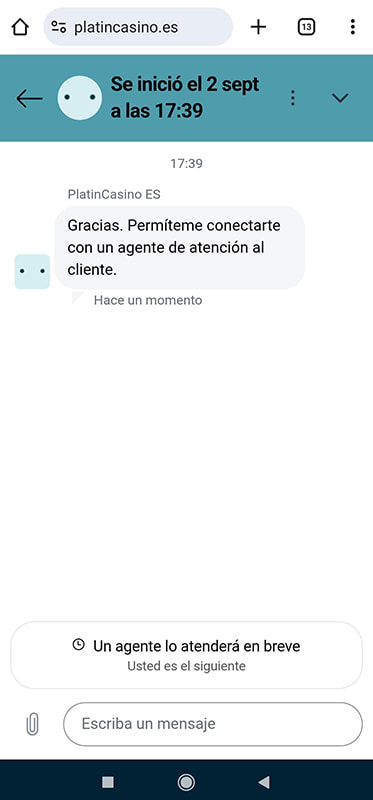 Chat de ayuda de atención al cliente en un casino móvil.