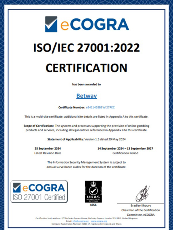 Certificado de RNG de eCogra para Betway