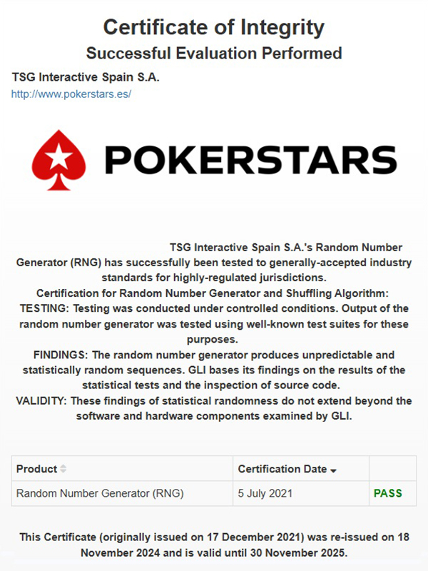 Certificado de RNG de GLI para PokerStars