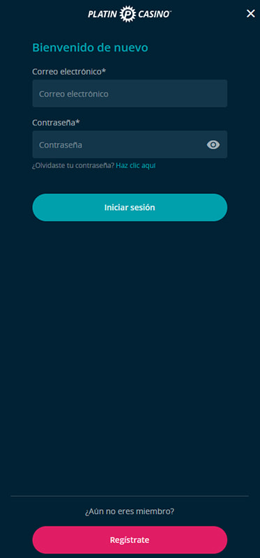 Pantalla de inicio de sesión de un casino online